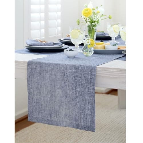 Solino Home Linen Small Table Runner 36 Inches - Athena, 100% Pure Linen Chambray Indigo Table Runner 14 x 36 Inch Ideal for Dresser and Coffee Tables - Winter, Spring, Easter, Mothers Day