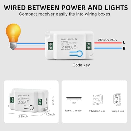 Wireless Light Switch and Receiver Kit No Wiring No WiFi 100ft RF Range Remote Light Switch for 200W LED Lamp Ceiling Light Fan Pre-Programmed (1 Pack Switch+1 Receiver) 6