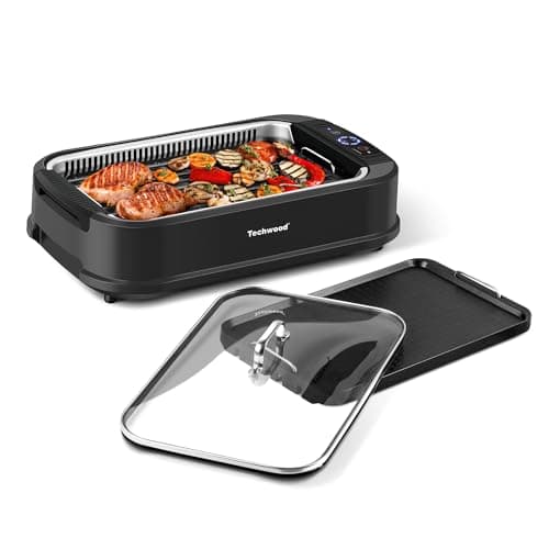 Techwood Indoor Grill Smokeless Grill, Electric Korean BBQ Grill with Glass Lid, Turbo Smoke Extractor Technology, Dishwasher-Safe Drip Tray & Nonstick Grilling Removable Plate, Black, 1500W