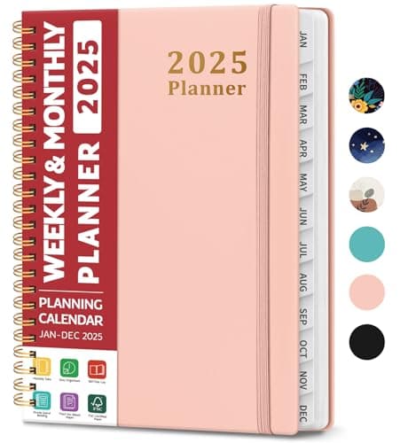2025 Planner - Weekly and Monthly Planner Spiral Bound, January 2025 - December 2025, Hardcover 2025 Calendar Planner Book with Tabs, Inner Pocket, Perfect for Office Home School Supplies - A5 (6.3" x 8.5"), Pink
