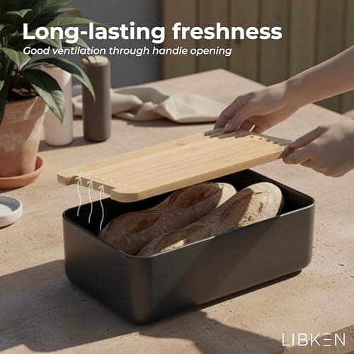 LIBKEN Bread Box – Extra Thick Steel Bread Bin with Bamboo Cutting Board Lid & Drawstring Bread Bag - Modern Scandinavian Metal Box for Kitchen Countertop, Sourdough & Homemade Bread - Black 6
