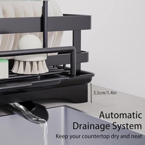 Yawinhe Dish Racks for Kitchen Counter, Space-Saving Drainers with Removable Utensil Holder, Drainboard and Spout, for Knives, Spoons, and Forks, Black 7