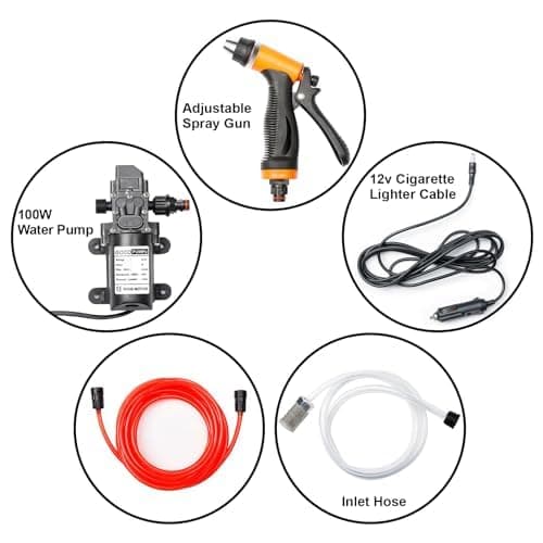 Bang4buck Portable Intelligent Electric Pressure Washer Pump 100W 160 PSI 12V Portable Pressure Powerful Washing Kit with 21.3 Feet PVC Hose for Home, Car, Garden, Projects (100 W-Black Hose) 5