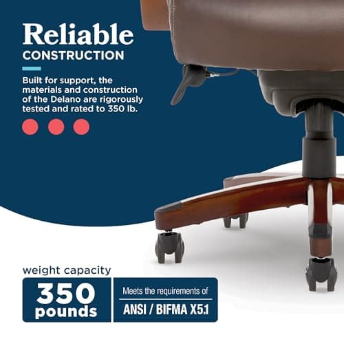 La-Z-Boy Delano Big and Tall Executive Office Chair - Ergonomic Lumbar Support Memory Foam - Bonded Leather Desk Chair for Home Office - Mahogany Wood Arms - Chestnut Brown 13