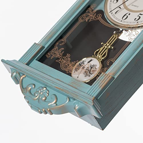 Clockswise Vintage Grandfather-Style Wall Clock with Wood-Effect Plastic Pendulum Battery-Operated for Home Decor Living Room Home Office Kitchen or Dining Room (Blue, 16 Inch) 7