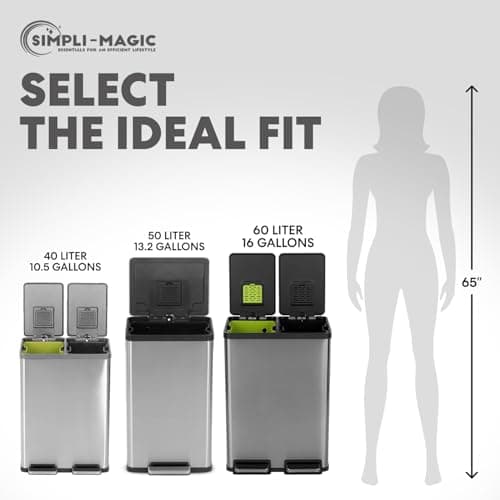 Simpli-Magic 16 Gallon (60L) Elegant Black Step Trash Can – Dual Compartment Kitchen Garbage Can with Waste & Recycling Bins – Slow-Close Lid, Odor Control, Hands-Free, Premium Stainless Steel 8