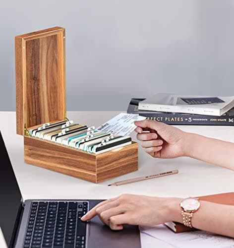 Neando 3x5 Index Card Organizer Box with Lid – Acacia Wood Note Card Holder with 200 Cards & 20 Dividers, Holds 600 Cards, 4 Compartments, Magnetic Closure – Desktop Storage for Study, Office, Recipes 7