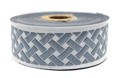 10.9 Yards Spool 1.37" Wide Dusty Blue & Light Gray Knot Jacquard Ribbon Geometric Trim Woven Border Craft Supplies 35274 V5