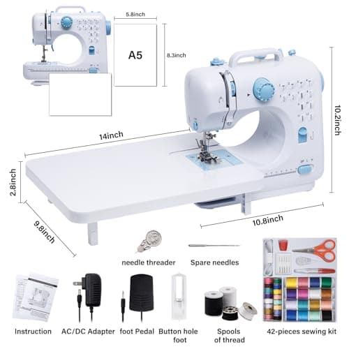 Sewing Machine for Beginners with Extension Table Portable Large Heavy Duty Sewing Machines Kit Supplies 12 Built-in Stitches with Needles Assorted Thread Kit Starter Kit Easiest for Adult and Kids 9