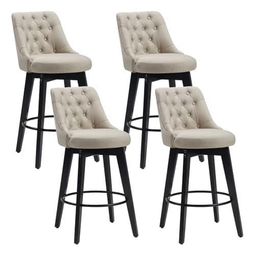 ECHINGLE Bar Stools Set of 4, Swivel Barstools with Backs and Wood Legs, 27" Linen Fabric Upholstered Bar Chairs for Kitchen Island, Dining, Cafe, Pub（Linen）