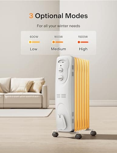 PELONIS Radiator Heater for Large Space, Electric Oil Filled Radiator, Dual Knobs, 1500W, Quiet Space Heater, 3 Modes, Tip-over Protection 4