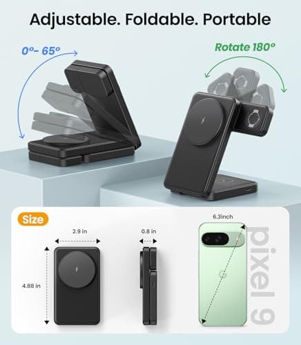 3 in 1 Magnetic Foldable Wireless Charger for Google Pixel Watch 3/2, 15W Fast Mag-Safe Charging Stand for Pixel 10 Pro XL/10 Pro Fold/10/9/8/7/6 Pro & Buds(Not Pixel Watch 4/1) with Adapter, Black 5