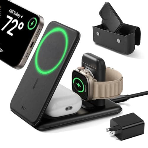 ESR 3 in 1 Charging Station for Apple, 15W MagSafe Charger Stand, MagSafe Travel Charger for iPhone 17/16/15/14/13/12 Series, Watch, AirPods, Black (Bag Included)