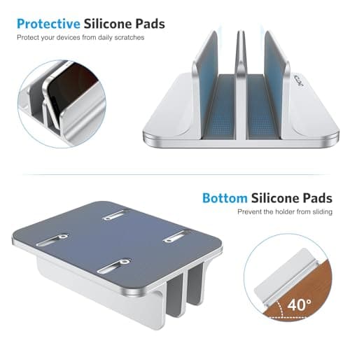 OMOTON Vertical Laptop Stand [Updated Double Version], Desktop Aluminum Mac Book Stand with Adjustable Dock Size, Fits All Mac Book, Surface, Chrome Book and Gaming Laptops (Up to 17.3 inch) (Silver) 7