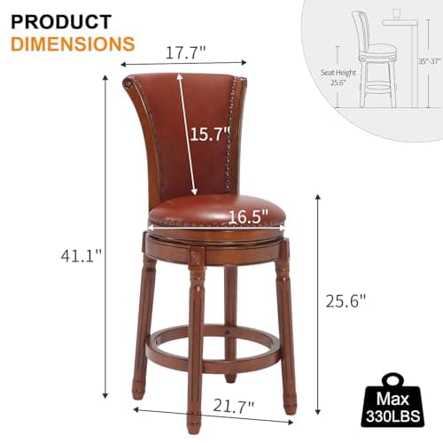 RAINMOOD High Back Swivel Bar Stool,Solid Wood Barstool with Full-Grain Genuine Leather, Barchair Counter Height Stool for Kitchen Island & Pub 3