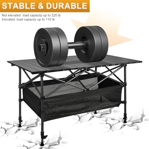 Audoyon Folding Camping Table, Outdoor Roll-up Table Height Adjustable & Portable Metal Camp Grill Table for Picnic, BBQ, Party, Backyard, Beach, Mesh Storage and Carry Bag (Ash Black, 37.4'' Large) 5