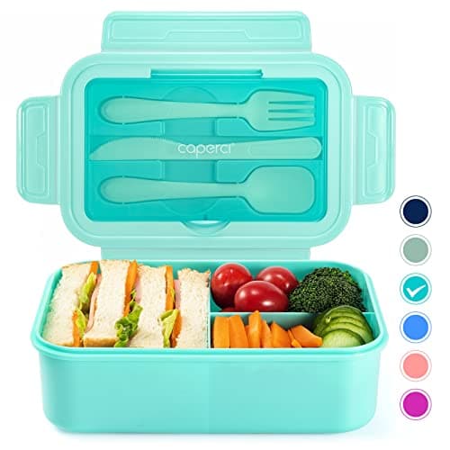Caperci Classic Bento Box Adult Lunch Box for Older Kids - Leakpoof 47 oz 3-Compartment Lunch Containers for Adults and Teens, Built-in Utensil Set, Ideal for On-the-Go Balanced Eating, Aqua