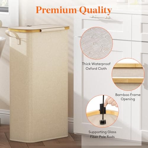 Lifewit 65L Slim Laundry Hamper with Lid, Narrow Laundry Basket with Removable Bag & Bamboo Handles, Fodable Thin Dirty Clothes Hamper for Laundry Collapsible Bin for Bathroom Bedroom Dorm, Beige 7