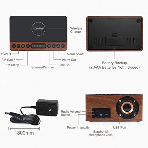 ANJANK Wooden Digital LED Alarm Clock FM Radio, Fast Wireless Charger Station for iPhone/Samsung Galaxy, 5 Level Dimmer, USB Charging Port, 9 Sounds, Sleep Timer for Bedroom, Bedside, Desk 8