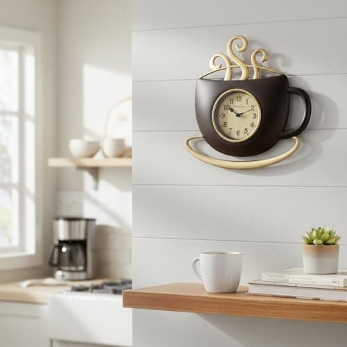Westclox 12-Inch Cappuccino Wall Clock - Stylish Coffee Cup Design with Quartz Movement, Large Modern Kitchen Clock, Easy to Read, Home and Office Decor, Battery Operated, Black/Gold 6