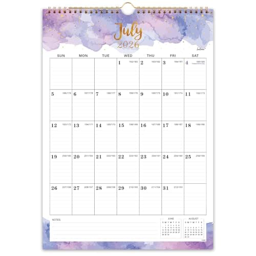 Calendar 2026-2027 - July 2026 - June 2027, Wall Calendar 2026-2027, 12" x 17", 18 Months Calendar, Twin-Wire Binding, Hanging Hook, Blocks and Julian Dates - Colorful Waterink