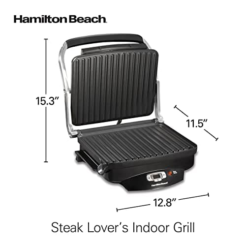 Hamilton Beach Steak Lover's Electric Indoor Searing Grill, Nonstick 100 Square, Stainless Steel (25331), Black and Stainless, Medium 8