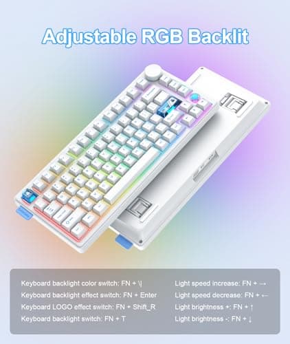 Wireless Gaming Keyboards Gasket Mechanical Keyboard | 75% Wireless Keyboard | Three-Mode Wireless (Bluetooth /2.4G/USB-C) | Hot-Swappable | Five-Layer Muffler Filling | Knob +RGB Backlit-White 7
