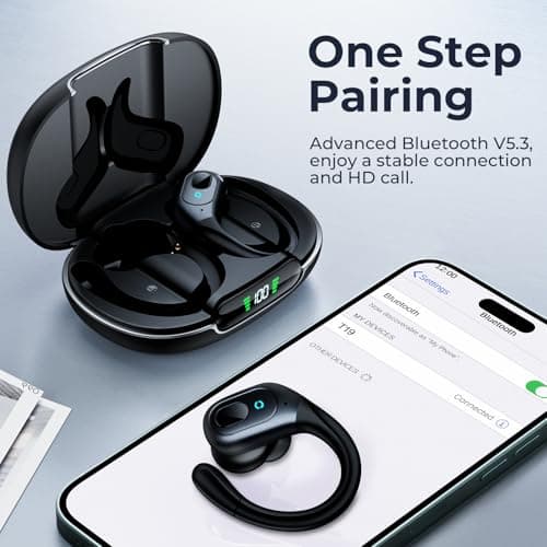 occiam Active Noise Cancelling Earbuds Wireless Bluetooth Headphones Ear Buds 90Hrs Playback Stereo Bass Earphones with Mic Over-Ear Hooks IPX7 Waterproof Headset for Work Sports Running Deep Black 5