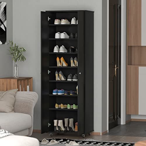 AIEGLE Tall Shoe Rack with Doors & Wheels, Entryway Shoe Cabinet with 8-Tier Shelf, Wood Shoe Storage Organizer for Entryway, Black (23.6" W x 15.7" D x 70.9" H)