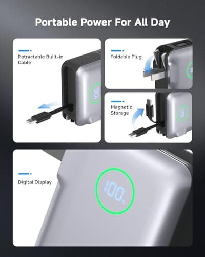 Portable Charger with Built in 25.6in Retractable Cable and Wall Plug, 10000mAh USB C Travel Power Bank, 35W Fast Charging Battery Pack Compatible with iPhone 16 15 14 13 Samsung Android Phone etc 7
