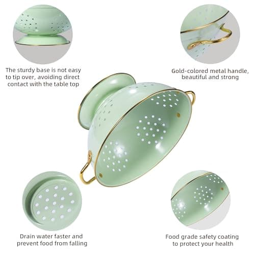 Metal Colander Set of 3, Strainer Basket with Handles perfect for Spaghetti, Pasta, Berry, Vegetable, Fruit, Solid Base Powder Coated Kitchen Essential Strainer Set, 1 & 3.5 & 5 Qt (Green) 5