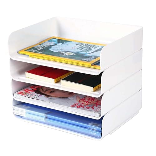 4 Tiers Stackable A4 Paper Trays, Office Desk File Holder, Tidy File Document Letter Book Paper Organizer (4 Tiers,White)