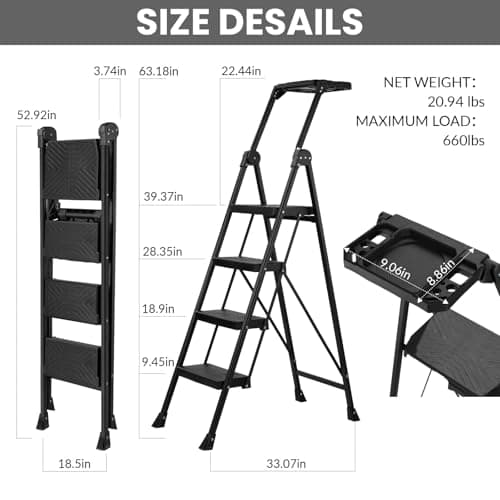 XinSunho 4 Step Ladder, Foldable Handrail & Tool Tray Stool Ladders with Anti-Slip Wide Pedal, 660 lbs Sturdy Steel Ladder for Home Kitchen and Outdoor 7