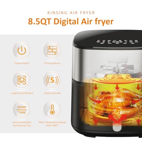 KINSING Air Fryer 8 in 1, XL 8.5 QT Large Airfryer with View Windows,MAX 400℉ for Crispy, 85% Less Oil, Fast Roast, Preheat, Shake, Bake, Non-Stick Basket for Easy Clean, With Professional Recipes 7