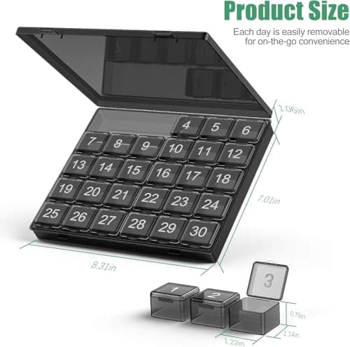 Monthly Pill Organizer Once a Day - 30 Day Pill Organizer Box - Squeeze to Open - Large Compartments Portable Case for Travel, Month Pill Cases Medicine Organizer for Vitamin (Black) 6