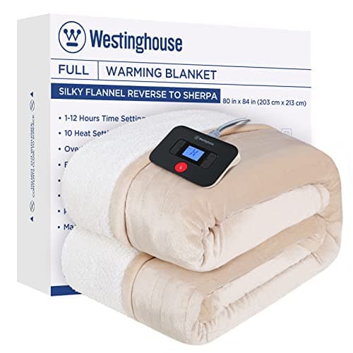 Westinghouse Electric Blanket Full, Heated Blanket Full Size with 10 Heating Levels and 1 to 12 Hours Heating Time Settings, Flannel to Sherpa Reversible, Machine Washable (80" x 84", Beige)