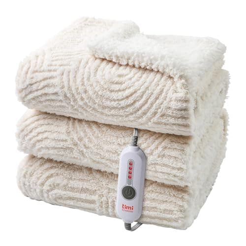 TiMiCalda Heated Throw Blanket Electric - 50"x60" Cozy Soft Jacquard Heating Blanket with 4 Heat Levels & 4 Hours Auto-Off, Electric Throw with Overheating Protection, Warm Gifts, Cream