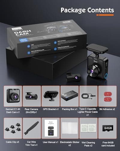 Sarmert C2 4K Dual Dash Cam Front and Rear - Built-in GPS and 5G WiFi, Free 64GB Card Included, 4K UHD Dash Camera for Cars, Night Vision, WDR, Loop Recording, App Control, 24H Parking Mode 6