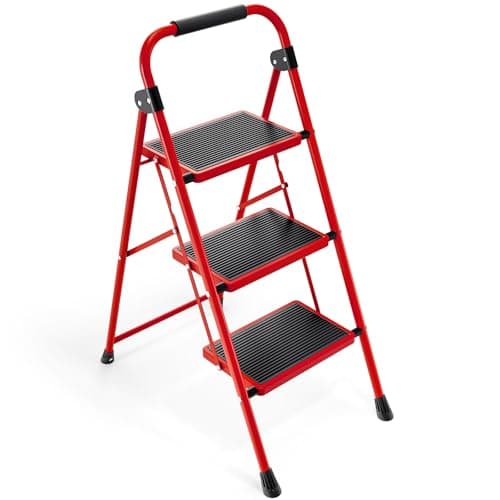 KINGRACK 3 Step Ladder, Folding Step Stool with Anti-Slip and Wide Pedal, Lightweight Stepladder with Handrails, Portable for Kitchen, Household, Red