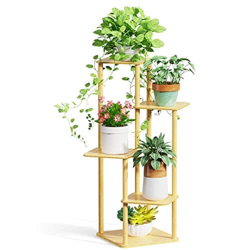 MUDEELA Plant Stand Indoor, 5 Tier Tall Plant Shelf Plant Holders, Bamboo Plant Stands Corner Plant Stand for Multiple Plants for Indoor, Outdoor, Corner, Balcony, Living Room and Bedroom