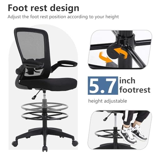 PayLessHere Ergonomic Drafting Chair Tall Office Chair High Adjustable Standing Desk Chair with Lumbar Support Mesh Back Footrest Flip-Up Arms for Office Computer Desk Standing Desk (Black) 5