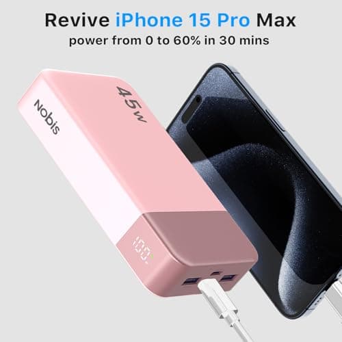 NOBIS Portable Charger, 20000mAh Power Bank, 45W Power Bank Fast Charging, Battery Pack with C to C Cable, Battery Bank with Digital Display for Phone Android Laptop etc (Pink) 2