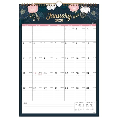 2026 Calendar - 2026 Wall Calendar, Jan 2026 - Dec 2026, 12" x 17”, Twin-wire Binding, Hanging Hook, Holidays, Julian Dates