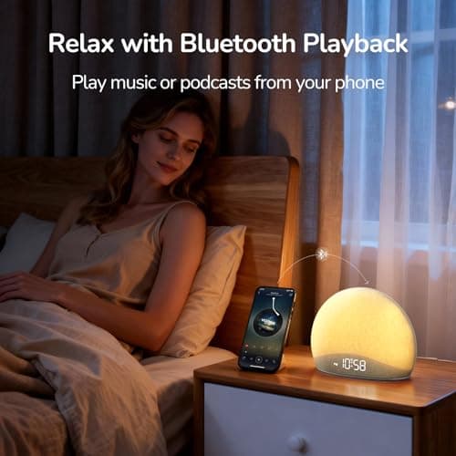 HOUSBAY Sunrise Alarm Clock Radio for Bedroom – Wake Up Naturally with Gentle Light & Nature Sounds, Relax with Bluetooth Speaker & Night Light 6