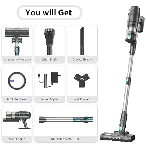 PRETTYCARELIFE Cordless Vacuum Cleaner, 38Kpa Powerful Stick Vacuum with Brushless Motor, LED Touch Display, 45 Mins Long Runtime, Self-Standing Lightweight Vacuum for Hard Floor Carpet Hair, P1-Pro 7