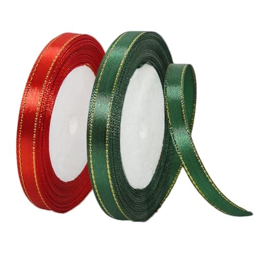Christmas Ribbon, 3/8 Inch Red Dark Green Satin Ribbon for Christmas Decorations, 50 Yards Gold Edges Fabric Ribbon for Xmas Trees, Ornaments, DIY Crafts, Wreaths Bows and Gift Packaging
