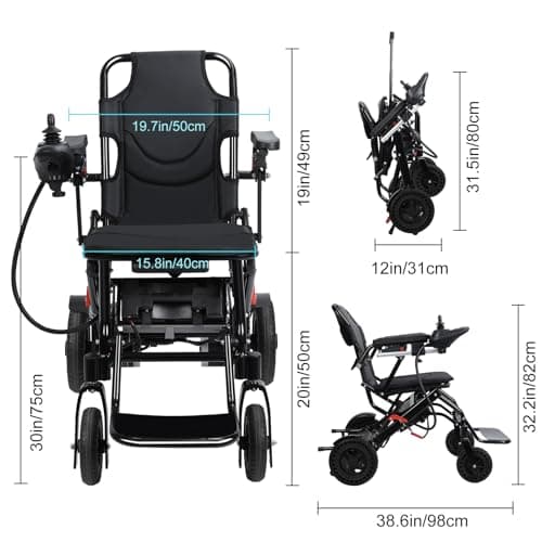 Reheyre Lightweight Electric Wheelchair Foldable - 12.4 Miles Range Dual Motors Lightest Folding Electric Wheelchair Support 242 lbs with Elevating Footrests Black for Seniors&Adults 7