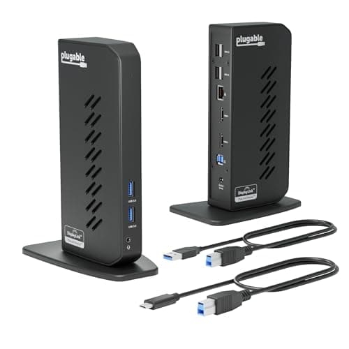 Plugable USB 3.0 and USB-C Universal Laptop Docking Station with 2 HDMI Ports for Windows, Mac (Driver Required), and ChromeOS, Gigabit Ethernet, Audio