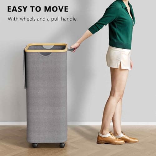 SpaceAid Laundry Hamper with Wheels and Lid, 26 Gal (100L) Rolling Clothes Basket with Bamboo Handle, Large Laundry Hamper for Bedroom, Bathroom, Dorm, Laundry Room - Grey 5
