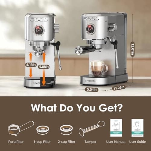 Spacekey Espresso Machine 20 Bar, Professional 1350W Espresso Maker with Milk Frother, Compact Stainless Steel Cappuccino & Latte & Americano Maker with 39oz Removable Water Tank, Silver 7